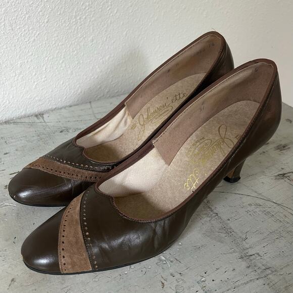 Vintage Ginnie Johansen leather wing tip high heel pumps brown 50s 60s retro 7 - Picture 2 of 13